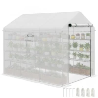 Outsunny 8' x 6' x 7' Portable Walk in Greenhouse with Mesh, Door, Windows, 18 Shelf, Trellis, Plant Labels, White(m-11)