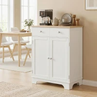 HOMCOM Sideboard Buffet Cabinet with Storage, 27" Kitchen Cabinet with Adjustable Shelf, 2 Drawers and 2 Doors, Coffee Bar Cabinet with Rubberwood Tabletop, White(m-1)