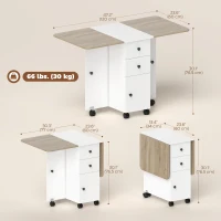HOMCOM Drop Leaf Dining Table, Mobile Folding Table on Wheels with Drawers and Cabinet for Dining Room, Kitchen, White and Oak(m-3)