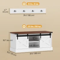HOMCOM Coat Rack Shoe Bench Set 2-Piece Hall Tree Storage 4 Hooks Sliding Barn Doors White and Dk Walnut(m-3)