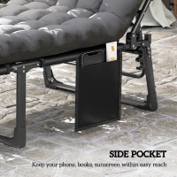 Outsunny Folding Chaise Lounge Chair Outdoor Tanning Chair Set of 2 with 5-Position Backrest, Cushions, Side Pocket, Dark Gray(m-7)