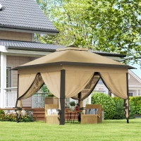 Outsunny 11' x 11' Pop Up Canopy, Double Roof Foldable Canopy Tent with Zipper Mesh Sidewalls, Height Adjustable and Carrying Bag, Event Tent for Patio Garden Backyard, Beige(m-10)