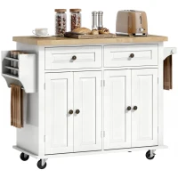 HOMCOM 44" Mobile Kitchen Island Table, Kitchen Island Cart on Wheels with Storage Cabinets, 2 Drawers, White(m-11)