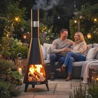 Outsunny Wood Burning Firepit with Chimney, Outdoor Fire Pit with Poker, Mesh Screen, Black(m-1)