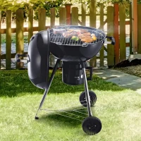 Outsunny Kettle Charcoal BBQ Grill, Portable Barbecue Smoker with Lid and Thermometer, Outdoor Camp Picnic Cooker with Wheels and Storage Shelf(m-8)