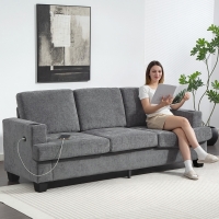 HOMCOM 3 Seater Sofa with USB Ports & Cup Holders, Chenille-Feel Upholstered Couch for Living Room, Grey