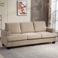 HOMCOM 3 Seater Sofa with USB Ports & Cup Holders, Chenille-Feel Upholstered Couch for Living Room, Light Brown(m-1)