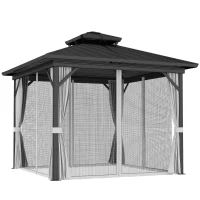 Outsunny 10' x 10' Hardtop Gazebo, Sun Shelter with Double Tier Metal Roof, Mosquito Netting, and Hanging Hook, Light Grey(m-11)