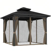 Outsunny 10' x 10' Hardtop Gazebo, Sun Shelter with Double Tier Metal Roof, Mosquito Netting, and Hanging Hook, Dark Brown(m-11)