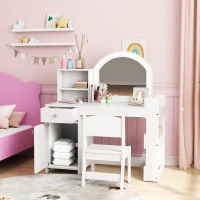 Qaba Kids Vanity Set, Toddler Dressing Table and Chair Set  with Lighted Mirror, Cabinet, Drawer and Shelves, White(m-8)