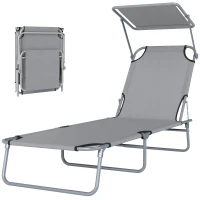 Outsunny Outdoor Lounge Chair, Adjustable Folding Chaise Lounge, Tanning Chair with Sun Shade for Beach, Camping, Hiking, Backyard, Light Grey(m-2)