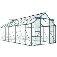 Outsunny 16' x 8' Aluminum Greenhouse Polycarbonate Walk-in Garden Greenhouse Kit with Adjustable Roof Vent, Rain Gutter and Sliding Door for Winter, Clear