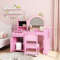Qaba Kids Vanity Set, Toddler Dressing Table and Chair Set  with Lighted Mirror, Cabinet, Drawer and Shelves, Pink(m-8)