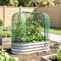 Outsunny Galvanized Raised Garden Bed with Crop Cage Protection Net Cover, Outdoor Planter Box for Vegetables, Flowers, Herbs(m-9)