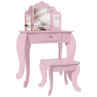 Qaba Kids Vanity Table and Stool, Makeup Vanity Girls Dressing Table Set with Tri-folding Mirrors Drawer Star and Heart Pattern, Pink(m-2)