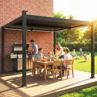 Outsunny 10 x 10 ft Louvered Pergola with Solar LED lights, Metal Roof, Outdoor Pergola Gazebo with Drainage Gutters, Black(m-9)