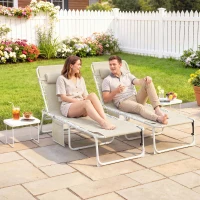 Outsunny Tanning Chair Set of 2 with Face Hole and Side Table, 5-Position Folding Outdoor Chaise Lounge Chair, Beige(m-2)