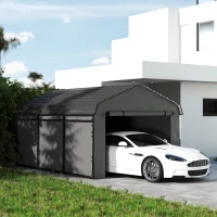 Outsunny 10' x 15' Metal Carport, Heavy Duty Garage Car Canopy with Galvanized Metal Roof and Removable Sidewalls, Dark Gray(m-2)