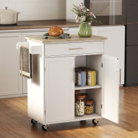 HOMCOM Kitchen Trolley Mobile Kitchen Island on Wheels Serving Cart Wooden Storage w/ Drawer and Towel Bar White