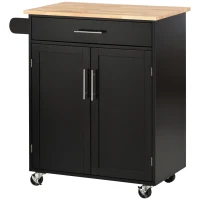HOMCOM Rolling Kitchen Island Cart with Wood Top, Enough Storage Drawer Space with Towel Bar Rack Shelves, Portable Kitchen Utility Serving Cart Trolley on Wheels, Black(m-15)