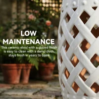 Outsunny 13" x 18" Ceramic Garden Stool with Woven Lattice Design & Glazed Strong Materials Decorative Outdoor Stool, White(m-4)