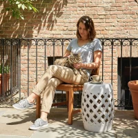 Outsunny 13" x 18" Ceramic Garden Stool with Woven Lattice Design & Glazed Strong Materials Decorative Outdoor Stool, White(m-9)