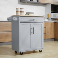 HOMCOM Rolling Kitchen Island Cart with Wood Top, Enough Storage Drawer Space with Towel Bar Rack Shelves, Portable Kitchen Utility Serving Cart Trolley on Wheels (Grey)