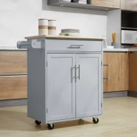 HOMCOM Rolling Kitchen Island Cart with Wood Top, Enough Storage Drawer Space with Towel Bar Rack Shelves, Portable Kitchen Utility Serving Cart Trolley on Wheels (Grey)(m-1)