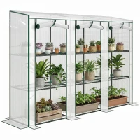 Outsunny Lean-to Greenhouse with 3 Tier Shelves, Mini Greenhouse with 3 Roll-Up Doors for Indoor Outdoor, White(m-11)