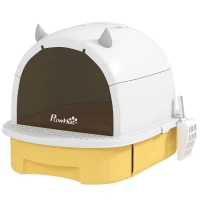 PawHut Cat Litter Box with Lid, Front Door Flap, Scoop, Handle, Easy Clean, for Small and Medium Cats, Yellow(m-2)