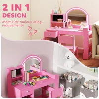 Qaba Kids Vanity Set, Toddler Dressing Table and Chair Set  with Lighted Mirror, Cabinet, Drawer and Shelves, Pink(m-4)