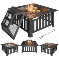 Outsunny 26" Outdoor Fire Pit with Fire Poker, Steel Square Wood Burning Firepit with Mesh Lid, Firepits, Black(m-11)