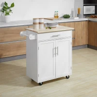 HOMCOM Kitchen Trolley Mobile Kitchen Island on Wheels Serving Cart Wooden Storage w/ Drawer and Towel Bar White(m-9)