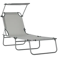Outsunny Outdoor Lounge Chair, Adjustable Folding Chaise Lounge, Tanning Chair with Sun Shade for Beach, Camping, Hiking, Backyard, Light Grey(m-11)