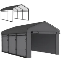 Outsunny 10' x 15' Metal Carport, Heavy Duty Garage Car Canopy with Galvanized Metal Roof and Removable Sidewalls, Dark Gray(m-11)