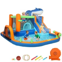 Qaba Inflatable Bounce House for Kids, Sharks Theme Jumping Bouncy Castle with Slide and Pool for Indoor Outdoor, Blue(m-1)