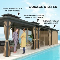 Outsunny 10' x 12' Hardtop Gazebo, Sun Shelter with Double Tier Metal Roof, Mosquito Netting, and Hanging Hook, Dark Brown(m-7)