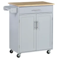 HOMCOM Rolling Kitchen Island Cart with Wood Top, Enough Storage Drawer Space with Towel Bar Rack Shelves, Portable Kitchen Utility Serving Cart Trolley on Wheels (Grey)(m-2)