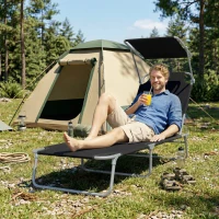 Outsunny Outdoor Lounge Chair, Adjustable Folding Chaise Lounge, Tanning Chair with Sun Shade for Beach, Camping, Hiking, Backyard, Black(m-10)