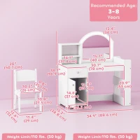 Qaba Kids Vanity Set, Toddler Dressing Table and Chair Set  with Lighted Mirror, Cabinet, Drawer and Shelves, White(m-3)