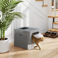 PawHut Cat Litter Box with Lid, Slide-Out Drawer, Scoop, Easy Clean, Odour Control, Anti-Splashing, Grey(m-8)