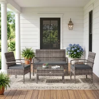 Outsunny 4 Pieces Patio Furniture Set with A Loveseat, Two Armchairs and A Coffee Table, Outdoor Conversation Set, Dark Grey(m-8)