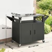Outsunny Outdoor Grill Cart with Stainless Steel Tabletop, 3-Shelf Pizza Oven Stand with Storage Cabinet, Wheels, Black(m-3)