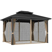 Outsunny 10' x 12' Hardtop Gazebo, Sun Shelter with Double Tier Metal Roof, Mosquito Netting, and Hanging Hook, Dark Brown(m-11)