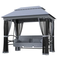 Outsunny 3-Seat Patio Swing Chair, Outdoor Gazebo Swing with Double Tier Canopy, Mesh Sidewalls, Cushioned Seat and Pillows, Gray(m-1)