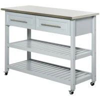 HOMCOM Kitchen Island with Stainless Steel Top, Traditional Kitchen Island with Storage, Butcher Block Cart 2-Tier Open Shelves, Drawers, Light Gray(m-11)