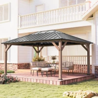 Outsunny 12' x 16' Hardtop Gazebo with Galvanized Steel Roof, UPF50+ Wood Permanent Pavilion with Clear Roof Top, Light Walnut(m-9)