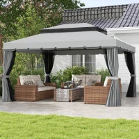 Outsunny 13' x 10' Patio Gazebo Canopy with 2-Tier Polyester Roof, Vented Mesh Sidewall & Strong Aluminum Frame, Medium Grey(m-1)