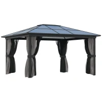 Outsunny 12' x 15' Hardtop Gazebo Canopy with Polycarbonate Roof, Aluminum Frame, Netting, Curtains and Ceiling Hook, Dark Grey(m-14)