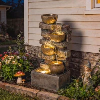Outsunny 28" Outdoor Fountain with 5-Tier Rustic Jugs, Cascading Waterfall with LED Lights, Adjustable Flow, Rustic Brown(m-2)